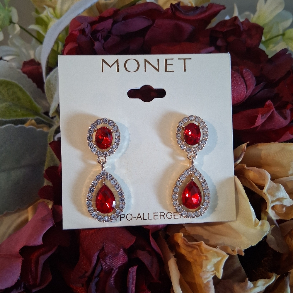 Ruby Red and Rhinestone Earrings, By Monet